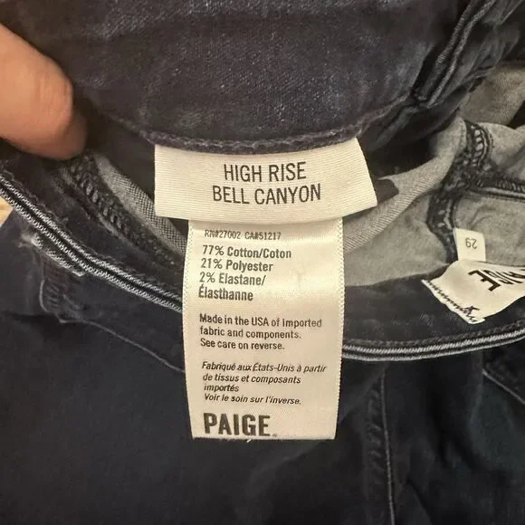 PAIGE Womens High Rise Bell Canyon Flare Leg Jeans Blue Dark Wash Frayed Size 29 - Picture 7 of 16
